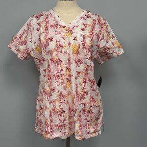 NWT Dickies Scrub Top Geometric Pink Orange Cotton Scrubs Nurse Uniform Floral